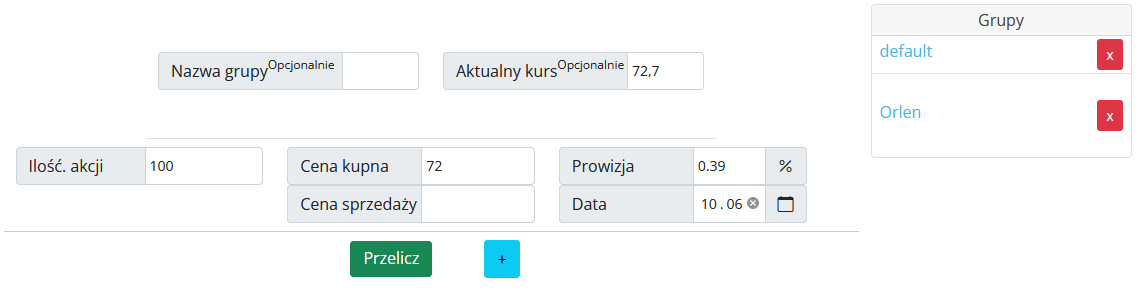 widok kalkulator giełdowy wersja płatna